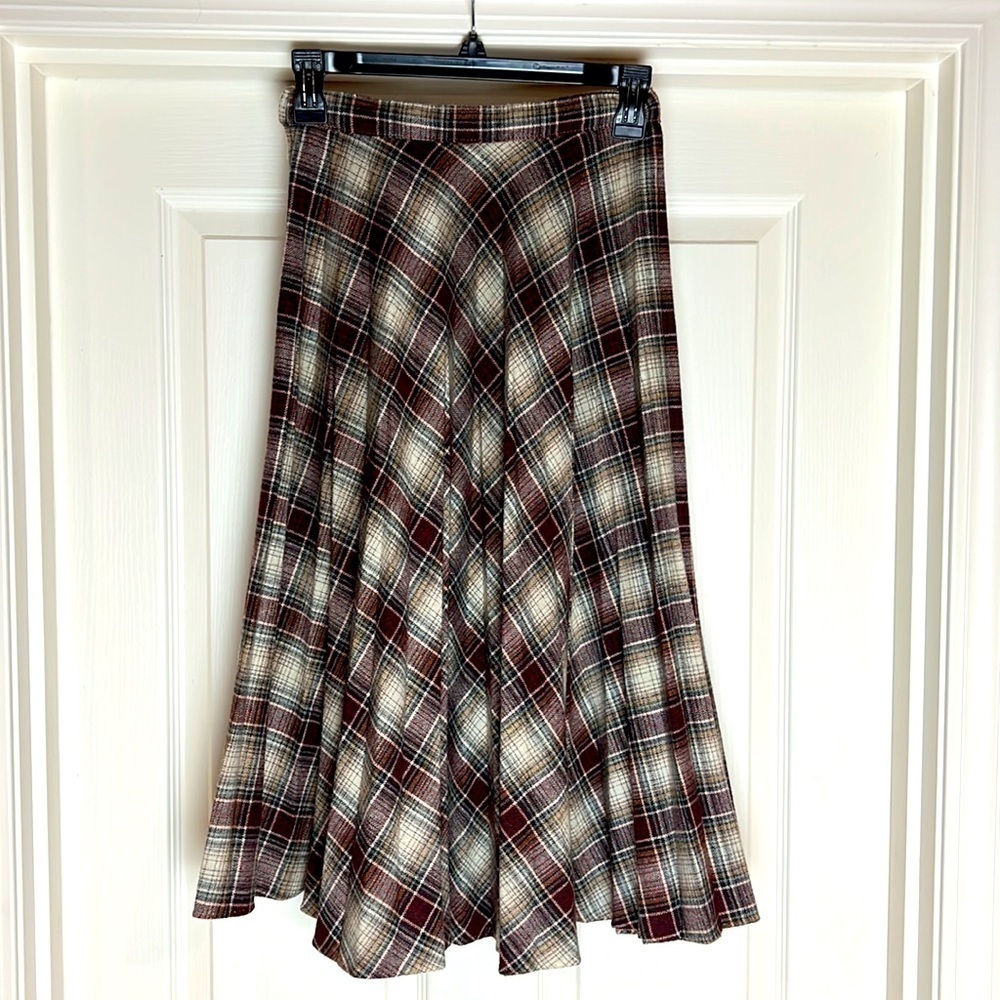 Vintage Casual Corner Brown Plaid Pleated Wool Blend Midi Skirt - Size 7/Small - Picture 3 of 11